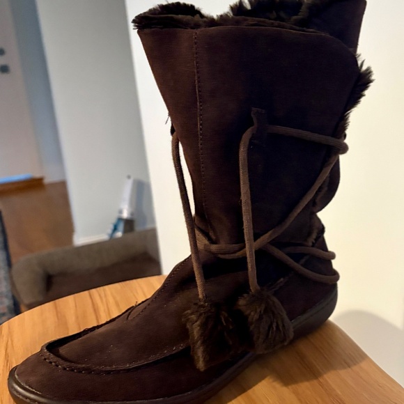 Steve‎ Madden P-Pop Boots Moccasins Suede Faux Fur Tie Pompoms Mid-Calf Brown 9 - Picture 7 of 9